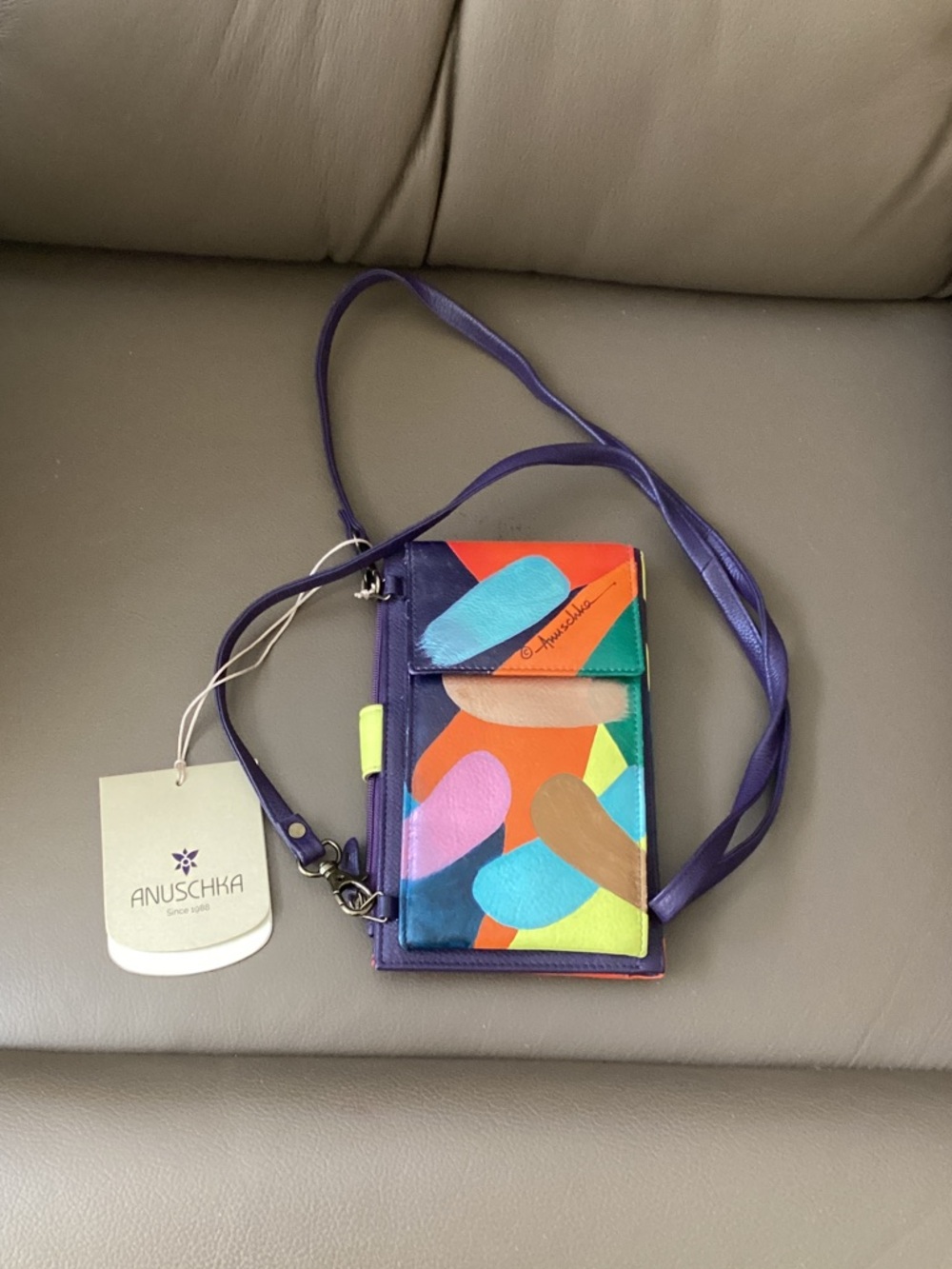 Anuschka Multicolor Painted Leather Crossbody with Purple Strap